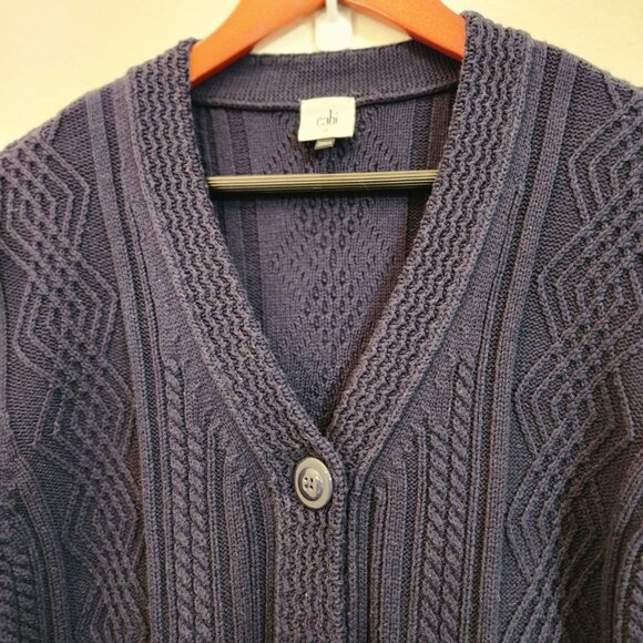 Cabi Cotton Blnd Cable Knit Cardigan Sweater Navy Blue Slat Fisherman Women M - Picture 5 of 16